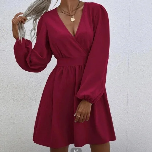 NWT SHEIN surplice neck lantern sleeve dress - Picture 2 of 4